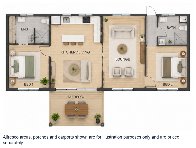The Beelu floor plan — 2 Bed, 2 Bath, 76.5m²