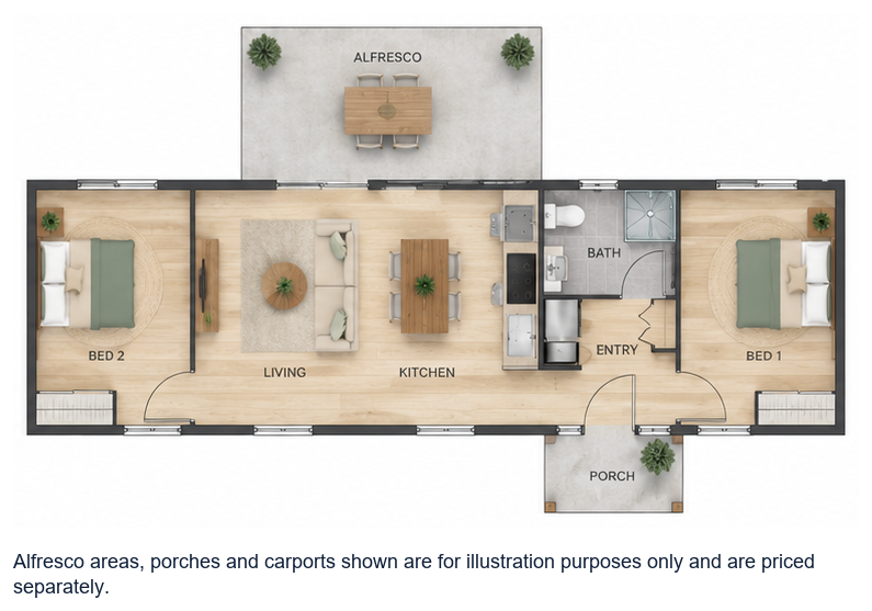 The Bernier floor plan — 2 Bed, 1 Bath, 65.5m²