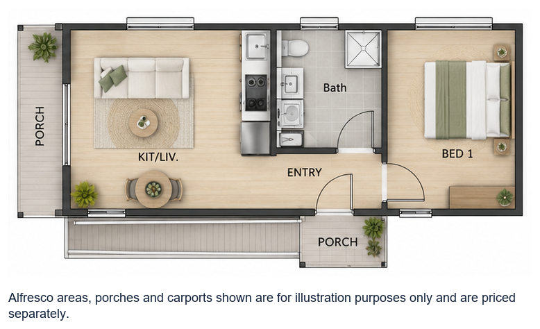 The Bundegi floor plan — 1 Bed, 1 Bath, 47.5m²