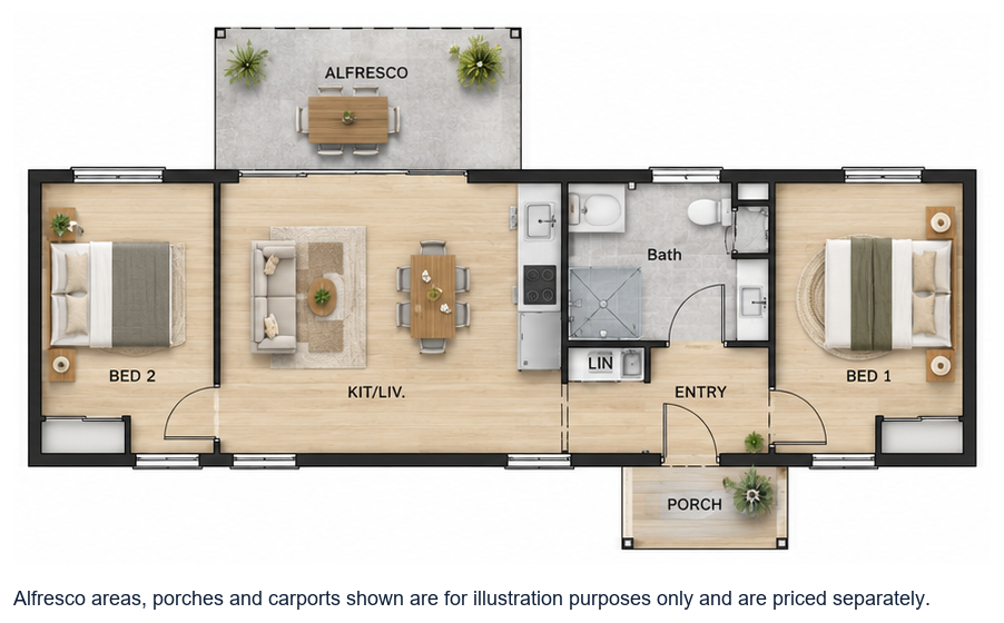 The Cardabia floor plan — 2 Bed, 1 Bath, 65m²