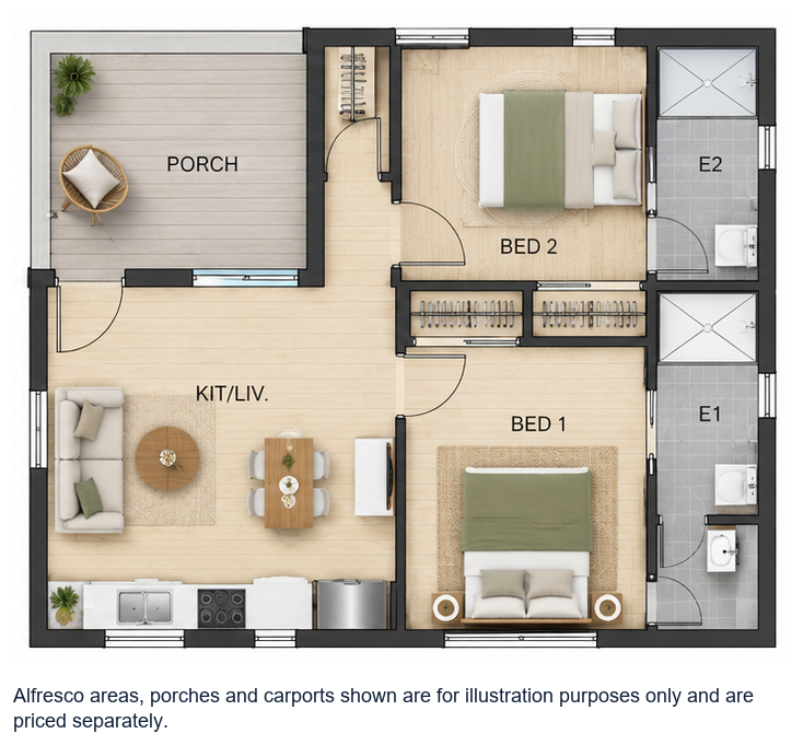 The Degrey floor plan — 2 Bed, 2 Bath, 57m²