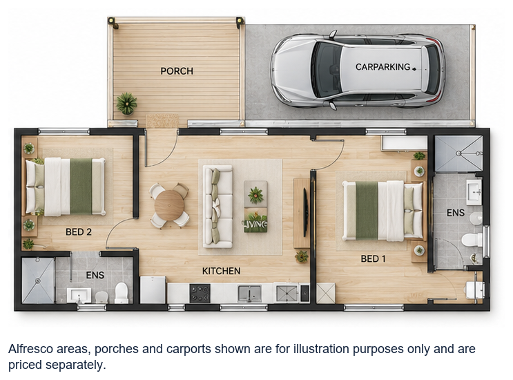 The Donnelly floor plan — 2 Bed, 2 Bath, 56.7m²