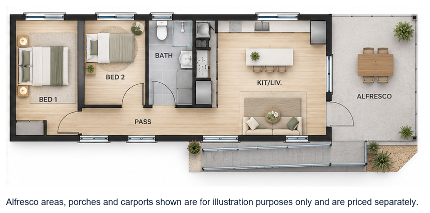 The Dorre floor plan — 2 Bed, 1 Bath, 59.4m²