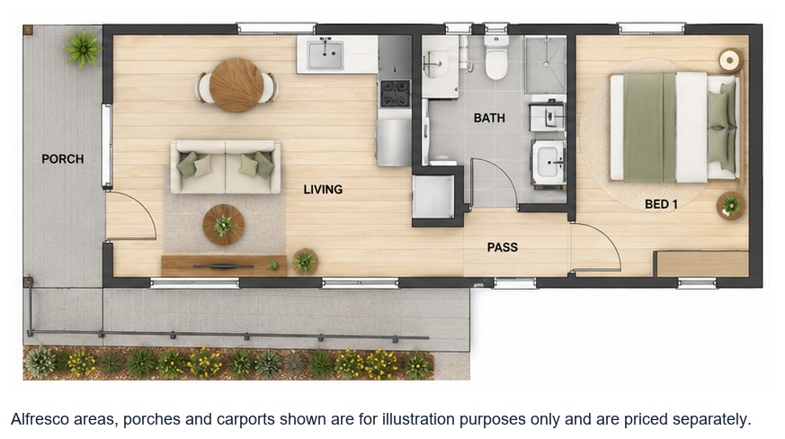 The Durack floor plan — 1 Bed, 1 Bath, 49m²