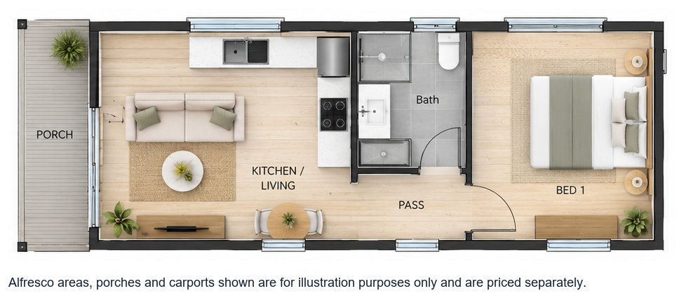 The Gnarloo floor plan — 1 Bed, 1 Bath, 59.5m²