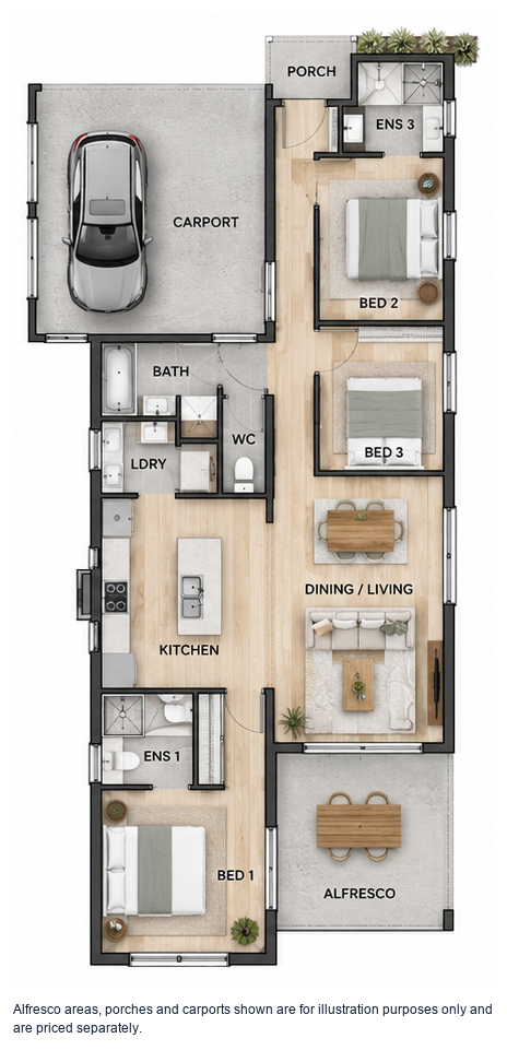 The Habana floor plan — 3 Bed, 3 Bath, 122m²
