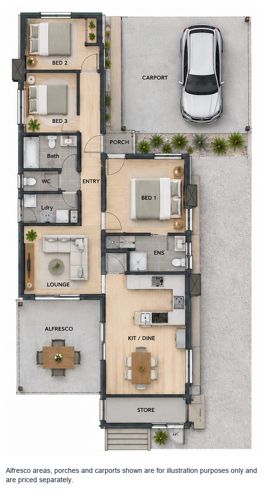 The Hackett floor plan — 3 Bed, 2 Bath, 116.5m²