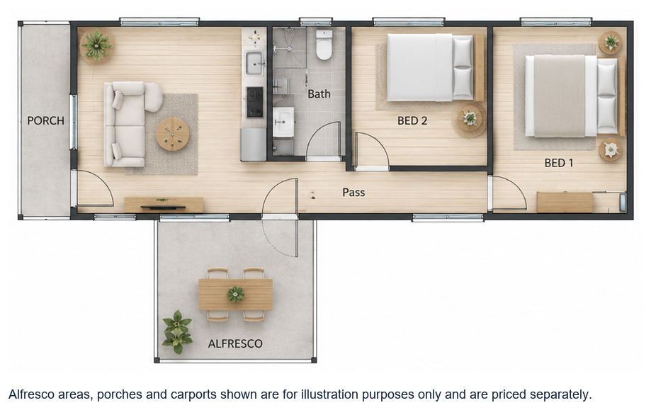 The Hamelin floor plan — 2 Bed, 1 Bath, 58m²