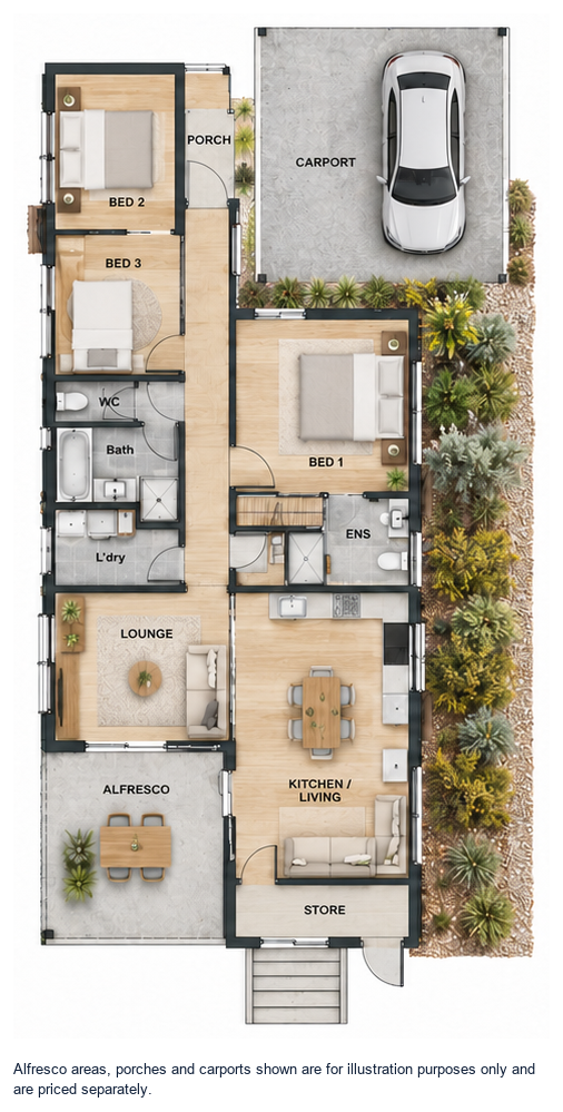 The Hardene floor plan — 3 Bed, 2 Bath, 119.3m²
