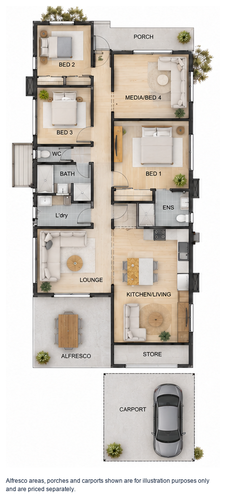 The Harlequin floor plan — 4 Bed, 2 Bath, 135m²