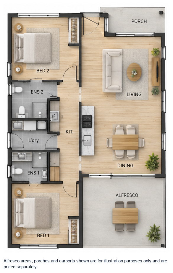 The Hazelwood floor plan — 2 Bed, 2 Bath, 96.8m²