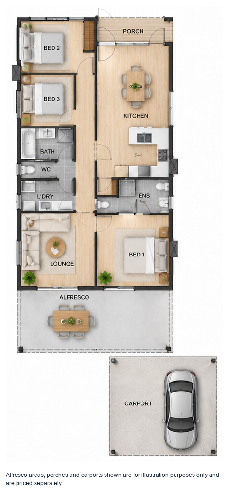 The Heath floor plan — 3 Bed, 2 Bath, 122m²