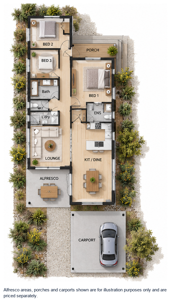 The Helene floor plan — 3 Bed, 2 Bath, 121m²