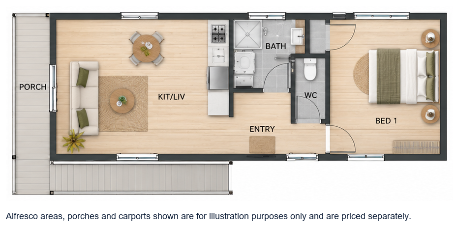 The Jurabi floor plan — 1 Bed, 1 Bath, 58m²