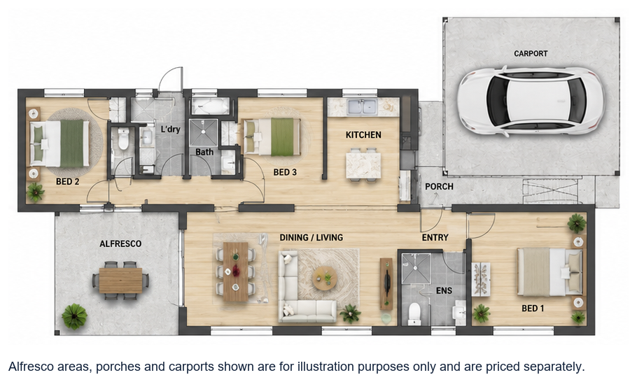 The Montebello floor plan — 3 Bed, 2 Bath, 120.5m²