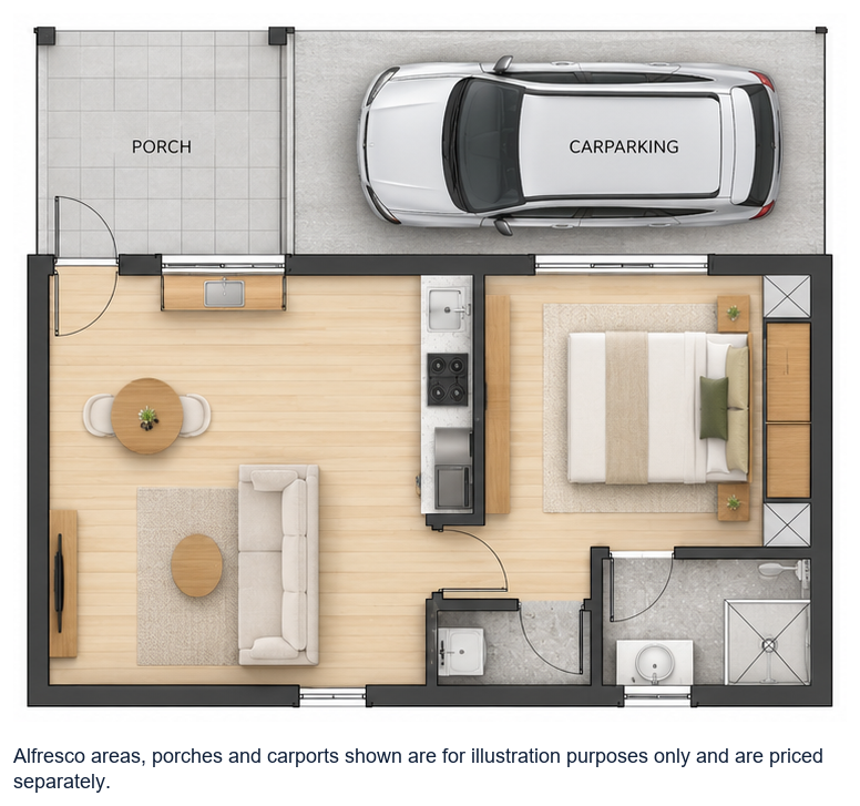 The Swan floor plan — 1 Bed, 1 Bath, 42.5m²