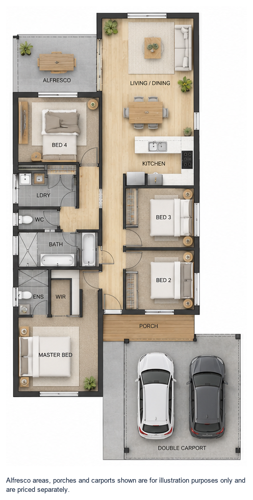 The Trevally floor plan — 4 Bed, 3 Bath, 144m²